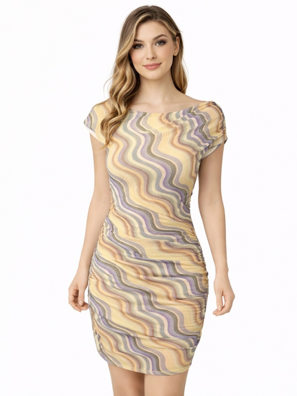 Zara Ruched Bodycon Mini Dress Pastel Wave Print S Off Shoulder Stretch NWT